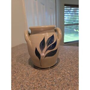Williamsburg Pottery Salt-Glazed Stoneware Cobalt Leaf Jar Vase Double Handle